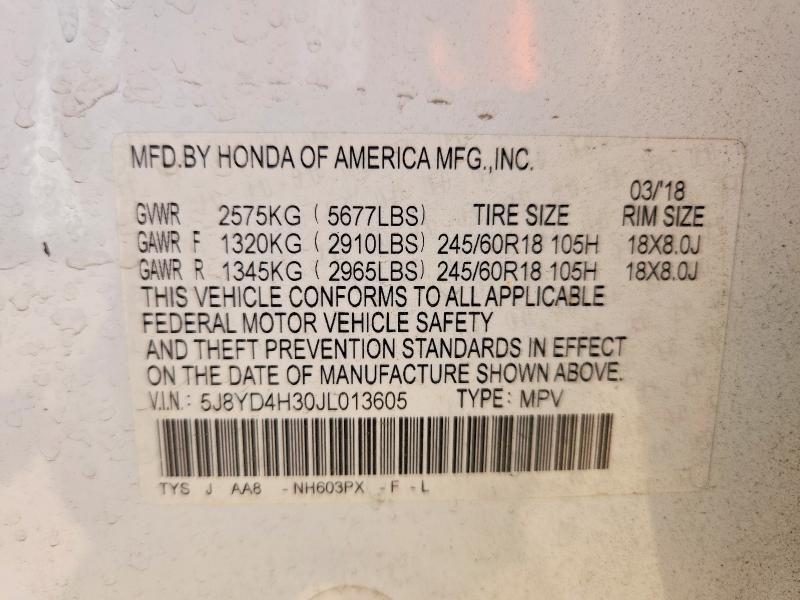 61082736 :رقم المزاد ، 5J8YD4H30JL013605 vin ، 2018 Acura Mdx مزاد بيع