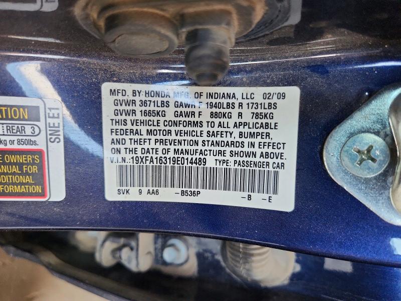 62077066 :رقم المزاد ، 19XFA16319E014489 vin ، 2009 Honda Civic مزاد بيع