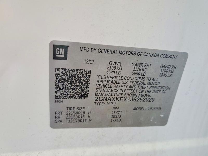 59352616 :رقم المزاد ، 2GNAXKEX1J6252020 vin ، 2018 Chevrolet Equinox مزاد بيع