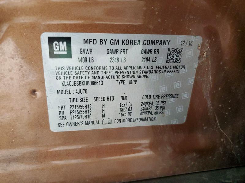 2017 Buick Encore მანქანა იყიდება აუქციონზე, vin: KL4CJESBXHB086613, აუქციონის ნომერი: 62701666