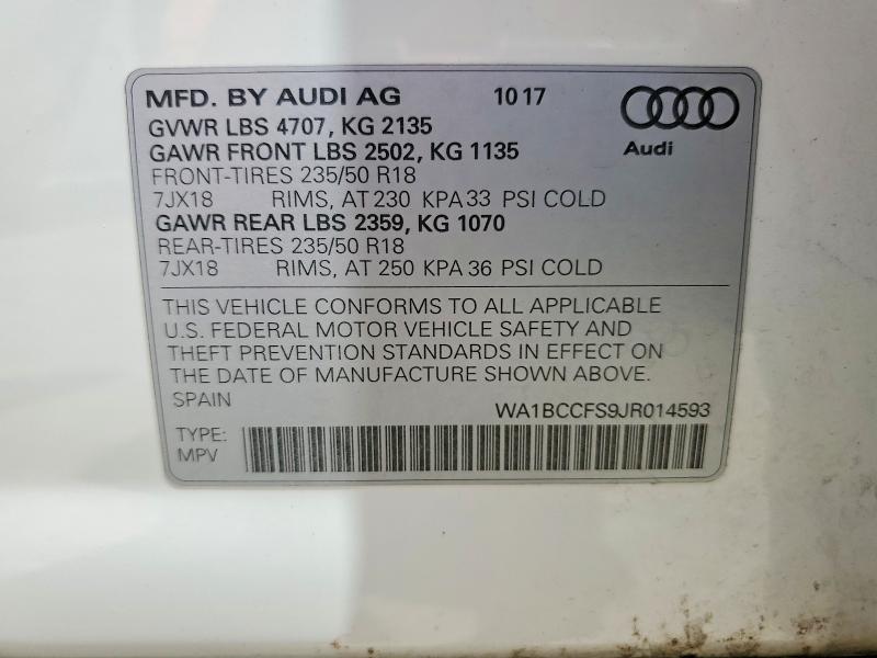 61159516 :رقم المزاد ، WA1BCCFS9JR014593 vin ، 2018 Audi Q3 مزاد بيع