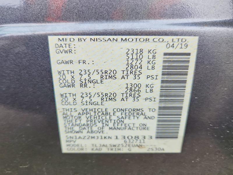 Продажа на аукционе авто 2019 Nissan Murano, vin: 5N1AZ2MJ1KN130833, номер лота: 62780976