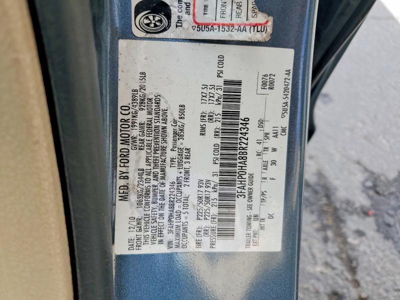2011 Ford Fusion მანქანა იყიდება აუქციონზე, vin: 3FAHP0HA8BR224346, აუქციონის ნომერი: 85792935