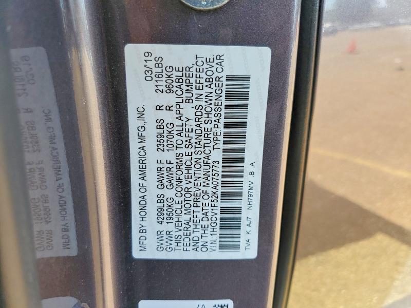 2019 Honda Accord მანქანა იყიდება აუქციონზე, vin: 1HGCV1F52KA075773, აუქციონის ნომერი: 61417426