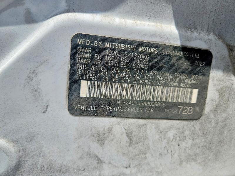 2022 Mitsubishi Mirage მანქანა იყიდება აუქციონზე, vin: ML32AUHJ6NH009856, აუქციონის ნომერი: 61040726