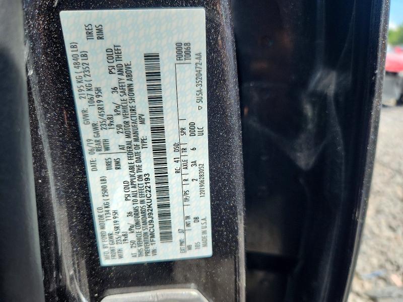 Aukcja sprzedaży 2019 Ford Escape, vin: 1FMCU9J92KUC22193, numer aukcji: 59719666