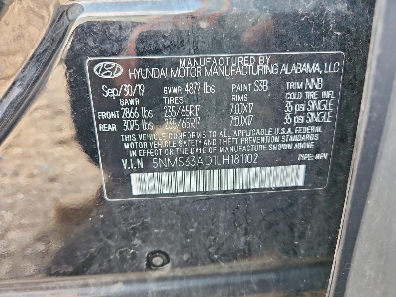 2020 Hyundai Santa Fe მანქანა იყიდება აუქციონზე, vin: 5NMS33AD1LH181102, აუქციონის ნომერი: 61619066