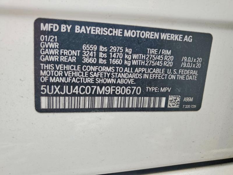 Auction sale of the 2021 Bmw X5, vin: 5UXJU4C07M9F80670, lot number: 60450346