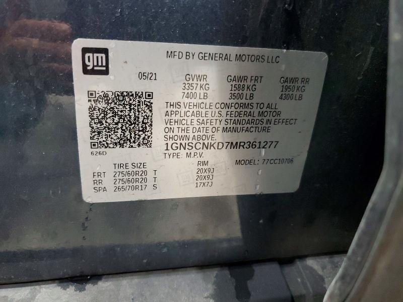 Продаж на аукціоні авто 2021 Chevrolet Tahoe, vin: 1GNSCNKD7MR361277, номер лоту: 59701676