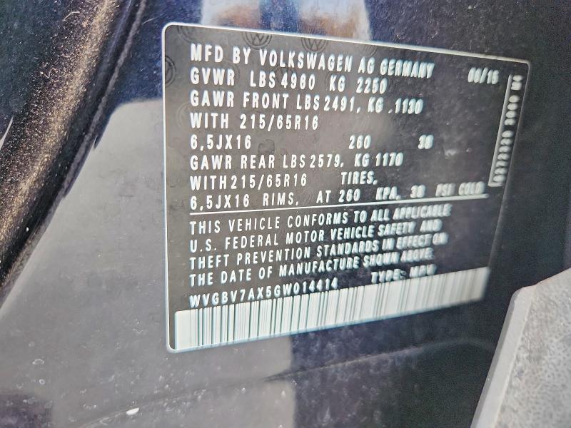 2016 Volkswagen Tiguan მანქანა იყიდება აუქციონზე, vin: WVGBV7AX5GW014414, აუქციონის ნომერი: 63221126