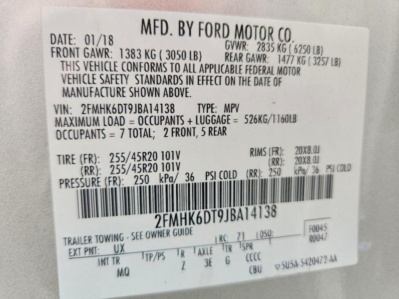 2018 Ford Flex მანქანა იყიდება აუქციონზე, vin: 2FMHK6DT9JBA14138, აუქციონის ნომერი: 61154116