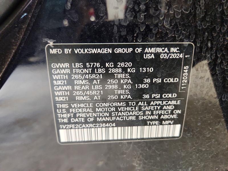 61768036 :رقم المزاد ، 1V2FE2CAXRC236404 vin ، 2024 Volkswagen Atlas Cross Sport مزاد بيع