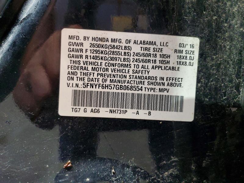 Aukcja sprzedaży 2016 Honda Pilot, vin: 5FNYF6H57GB068554, numer aukcji: 58986596