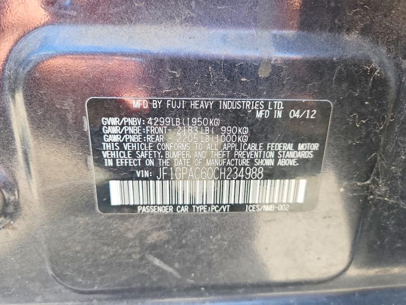 62358006 :رقم المزاد ، JF1GPAC60CH234988 vin ، 2012 Subaru Impreza مزاد بيع
