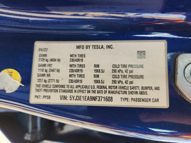 Продажа на аукционе авто 2022 Tesla Model 3, vin: 5YJ3E1EA9NF371608, номер лота: 62076316