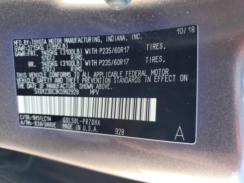 63172816 :رقم المزاد ، 5TDYZ3DC3KS982928 vin ، 2019 Toyota Sienna مزاد بيع