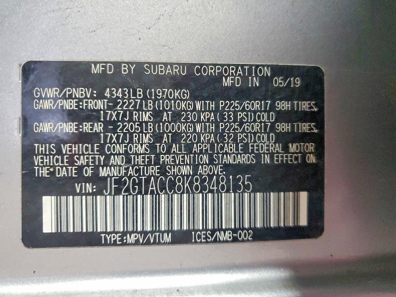 59848676 :رقم المزاد ، JF2GTACC8K8348135 vin ، 2019 Subaru Crosstrek مزاد بيع