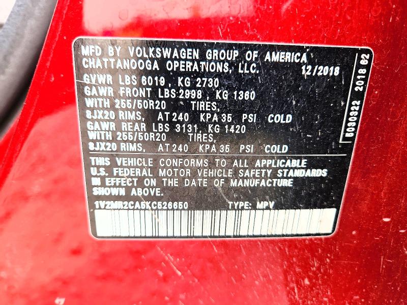 59846796 :رقم المزاد ، 1V2MR2CA5KC526650 vin ، 2019 Volkswagen Atlas مزاد بيع