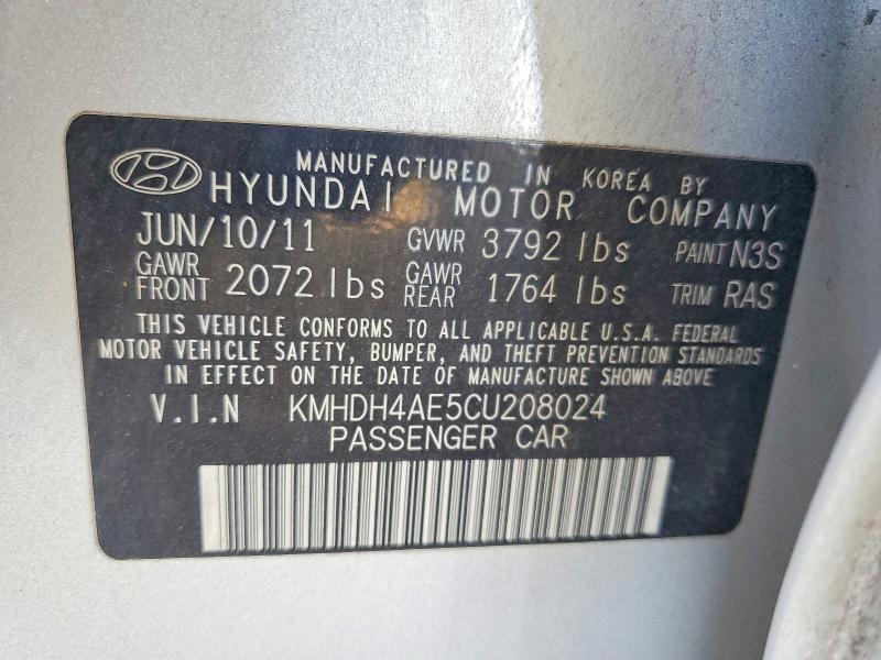 2012 Hyundai Elantra მანქანა იყიდება აუქციონზე, vin: KMHDH4AE5CU208024, აუქციონის ნომერი: 59223566