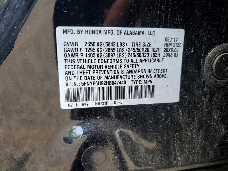 Aukcja sprzedaży 2017 Honda Pilot, vin: 5FNYF6H92HB047440, numer aukcji: 60376186