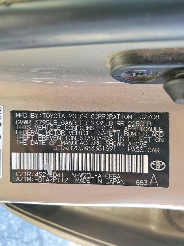 59349576 :رقم المزاد ، JTDKB20UX83381691 vin ، 2008 Toyota Prius مزاد بيع