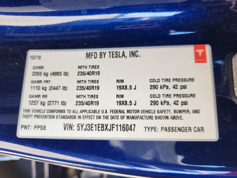 Продаж на аукціоні авто 2018 Tesla Model 3, vin: 5YJ3E1EBXJF116047, номер лоту: 59785446