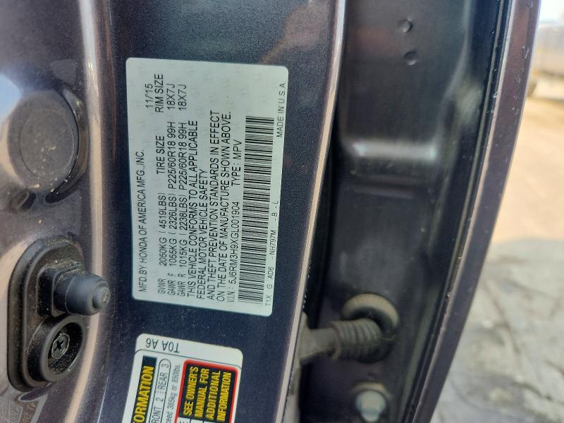 2016 Honda Cr-v მანქანა იყიდება აუქციონზე, vin: 5J6RM3H9XGL001904, აუქციონის ნომერი: 63142286