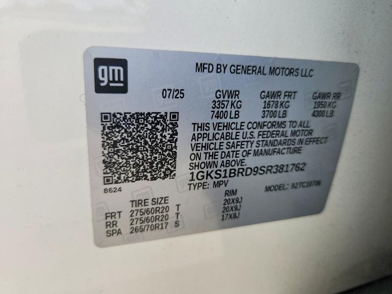 59624166 :رقم المزاد ، 1GKS1BRD9SR381762 vin ، 2025 Gmc Yukon مزاد بيع