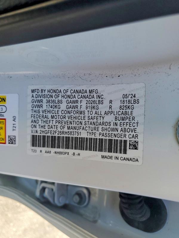 2024 Honda Civic მანქანა იყიდება აუქციონზე, vin: 2HGFE2F26RH583751, აუქციონის ნომერი: 60025736