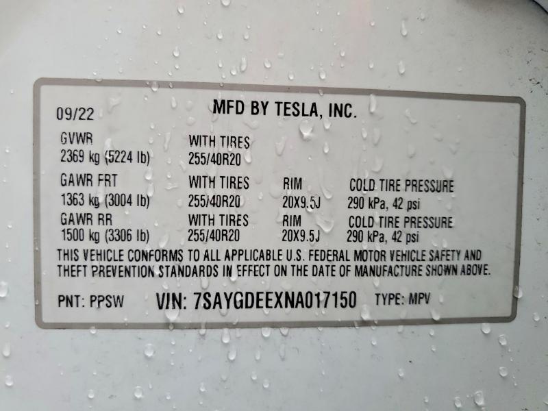 61295666 :رقم المزاد ، 7SAYGDEEXNA017150 vin ، 2022 Tesla Model Y مزاد بيع