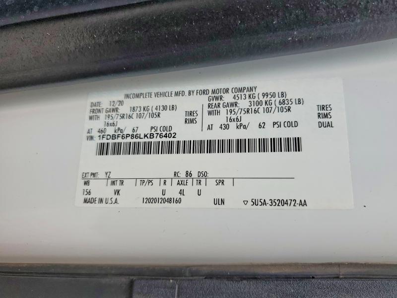 Продаж на аукціоні авто 2020 Ford Transit, vin: 1FDBF6P86LKB76402, номер лоту: 60974166