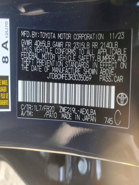 2024 Toyota Corolla Hybrid მანქანა იყიდება აუქციონზე, vin: JTDBCMFE3R3035069, აუქციონის ნომერი: 62601266