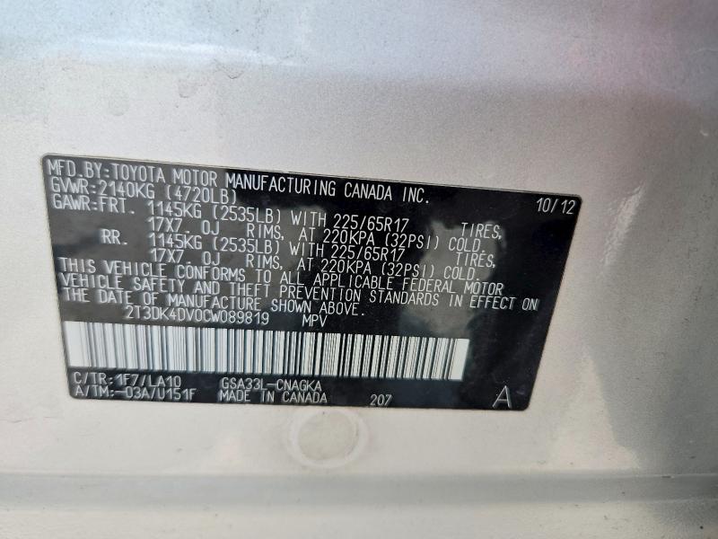 Aukcja sprzedaży 2012 Toyt Rav4, vin: 2T3DK4DV0CW089819, numer aukcji: 60463156