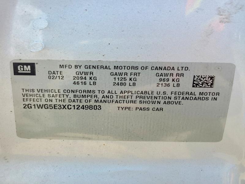 Aukcja sprzedaży 2012 Chevrolet Impala, vin: 2G1WG5E3XC1249803, numer aukcji: 60201356