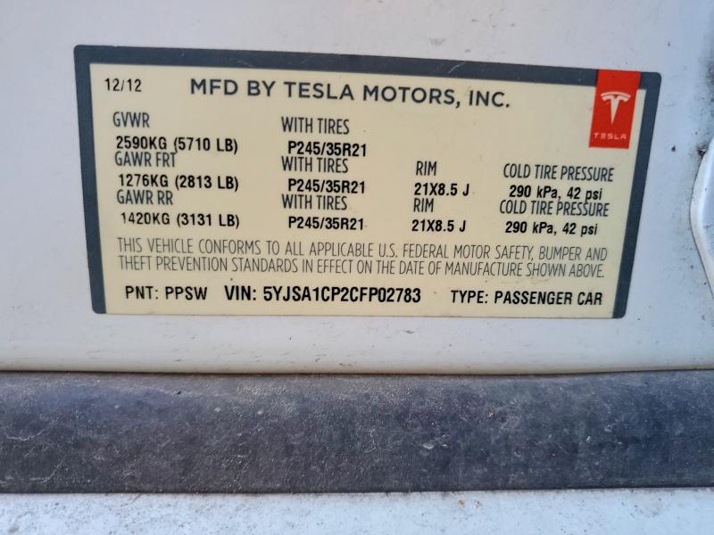 2012 Tesla Model S მანქანა იყიდება აუქციონზე, vin: 5YJSA1CP2CFP02783, აუქციონის ნომერი: 63544166