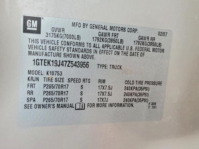 Продаж на аукціоні авто 2007 Gmc New Sierra, vin: 1GTEK19J47Z543956, номер лоту: 61843956