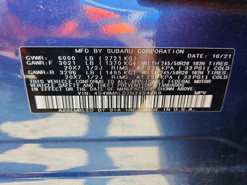 2022 Subaru Ascent მანქანა იყიდება აუქციონზე, vin: 4S4WMALD2N3404468, აუქციონის ნომერი: 62387366