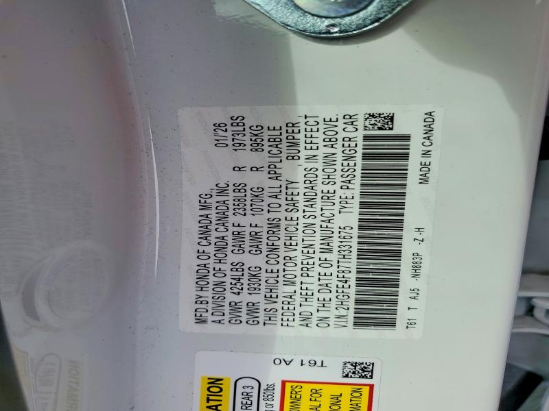 Продажа на аукционе авто 2026 Honda Civic, vin: 2HGFE4F87TH331675, номер лота: 61033286