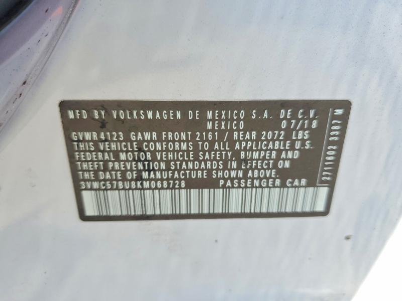 2019 Volkswagen Jetta მანქანა იყიდება აუქციონზე, vin: 3VWC57BU8KM068728, აუქციონის ნომერი: 85991725
