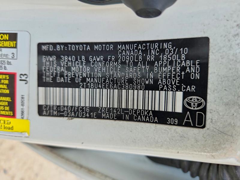 58702296 :رقم المزاد ، 2T1BU4EE6AC380980 vin ، 2010 Toyota Corolla مزاد بيع