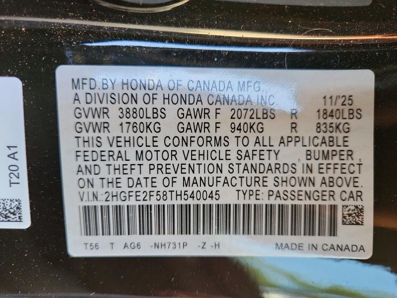 2026 Honda Civic მანქანა იყიდება აუქციონზე, vin: 2HGFE2F58TH540045, აუქციონის ნომერი: 60927126