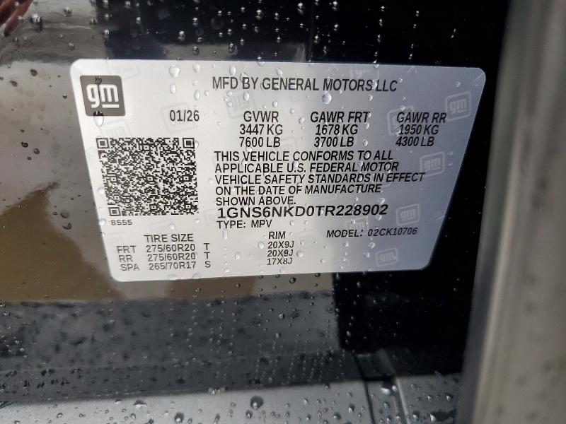 Продажа на аукционе авто 2026 Chevrolet Tahoe, vin: 1GNS6NKD0TR228902, номер лота: 62101226