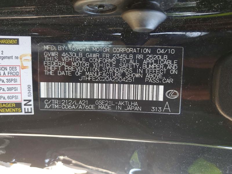 Aukcja sprzedaży 2010 Lexus Is, vin: JTHFE2C20A2504251, numer aukcji: 62778406