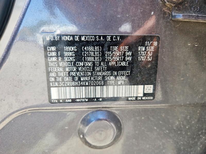 60525796 :رقم المزاد ، 3CZRU6H34KM702068 vin ، 2019 Honda Hr-v مزاد بيع