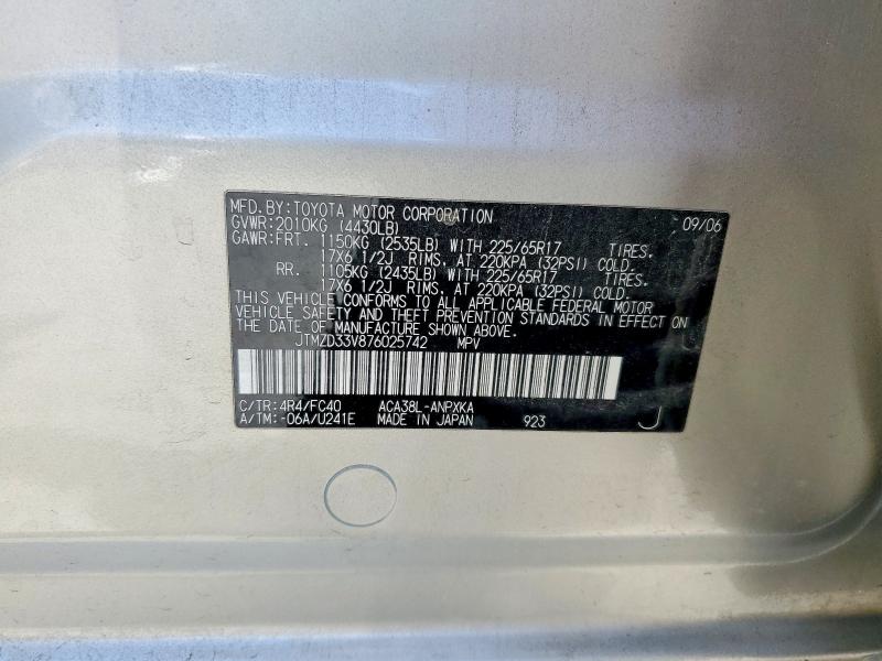 Aukcja sprzedaży 2007 Toyota Rav4, vin: JTMZD33V876025742, numer aukcji: 59668566