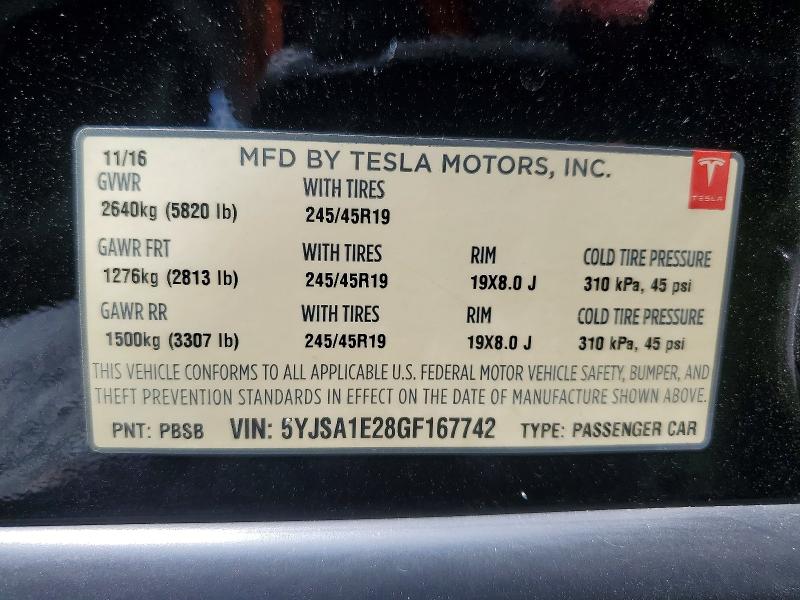 Aukcja sprzedaży 2016 Tesla Model S, vin: 5YJSA1E28GF167742, numer aukcji: 62025046