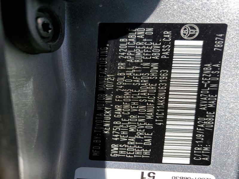 61055086 :رقم المزاد ، 4T1C11AK8NU631963 vin ، 2022 Toyota Camry مزاد بيع