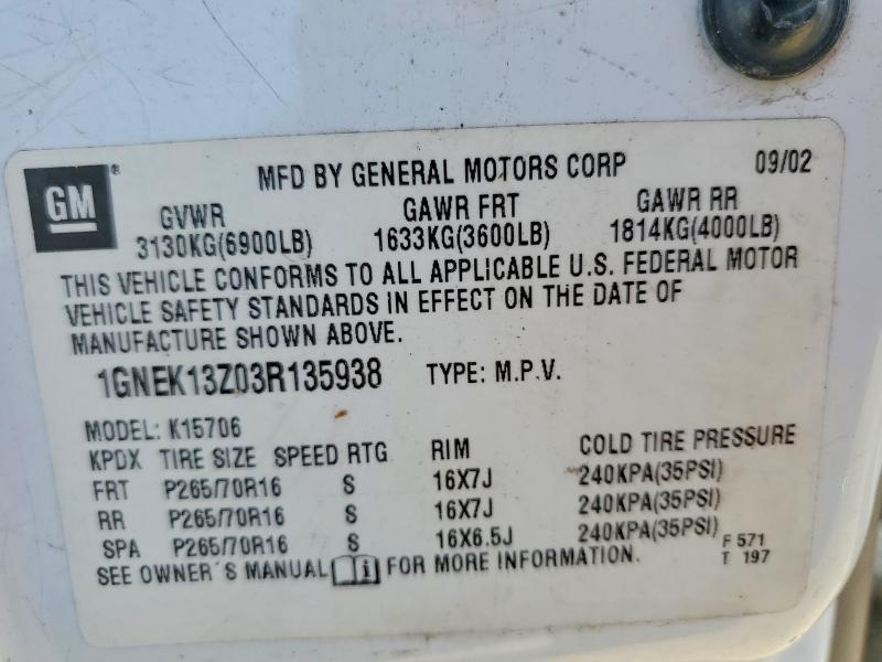 Aukcja sprzedaży 2003 Chevrolet Tahoe, vin: 1GNEK13Z03R135938, numer aukcji: 62771796