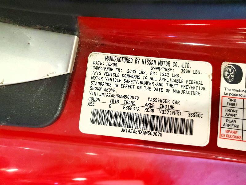 2010 Nissan 370z მანქანა იყიდება აუქციონზე, vin: JN1AZ4EHXAM500079, აუქციონის ნომერი: 60042416