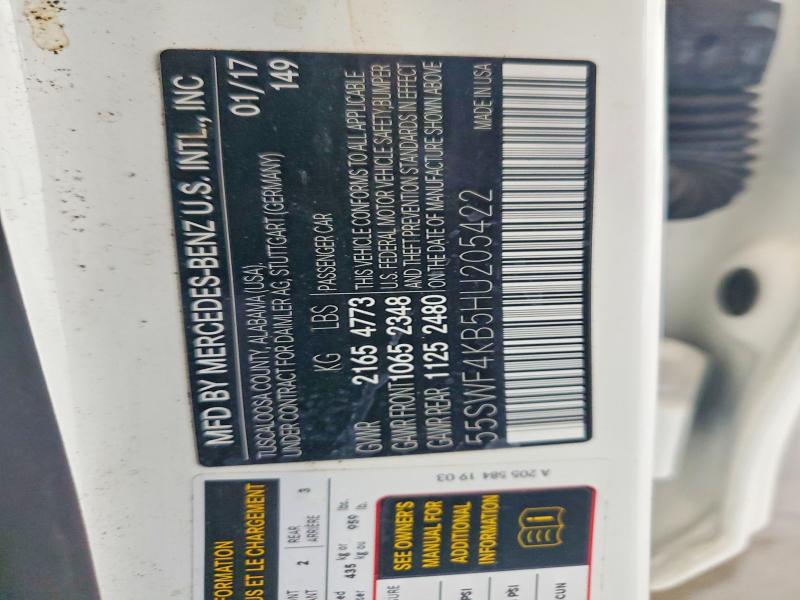 62610426 :رقم المزاد ، 55SWF4KB5HU205422 vin ، 2017 Mercedes-benz C مزاد بيع